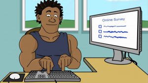 Cartoon man typing on keyboard taking online survey