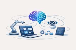 Illustrations of technology elements including a robot arm, laptop, and tablet
