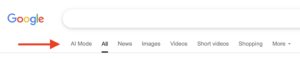 A screenshot of Google with the AI Mode tab on the left
