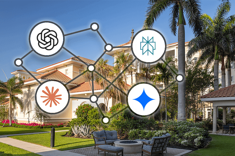 Overlay of LLM logos over a photo of an outdoor space at a senior living comunity