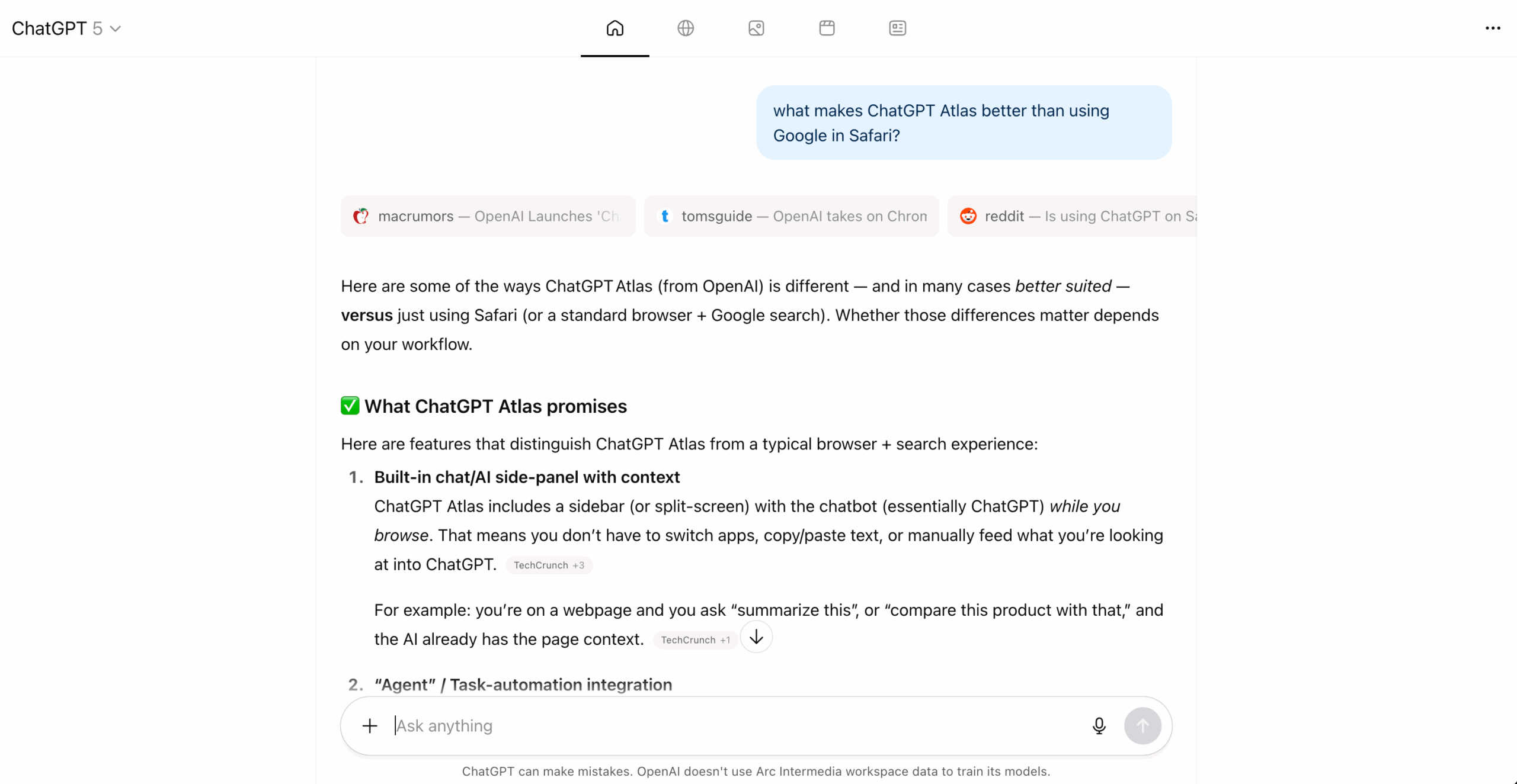ChatGPT Atlas answer screen
