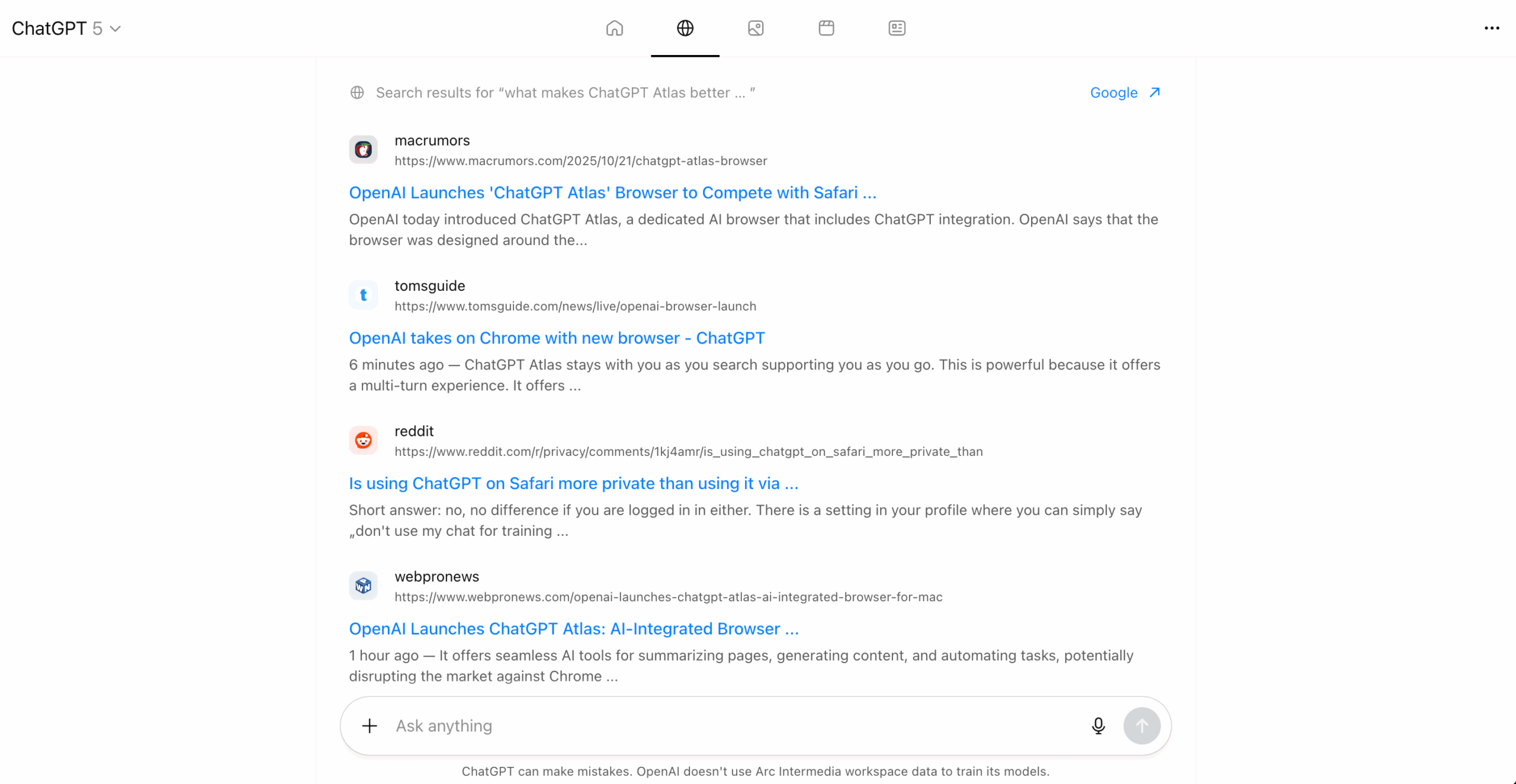 ChatGPT Atlas search results