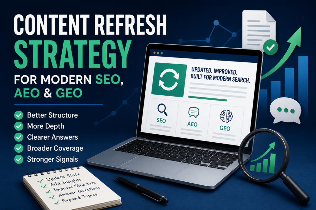 Content refresh strategy for modern SEO, AEO, and GEO