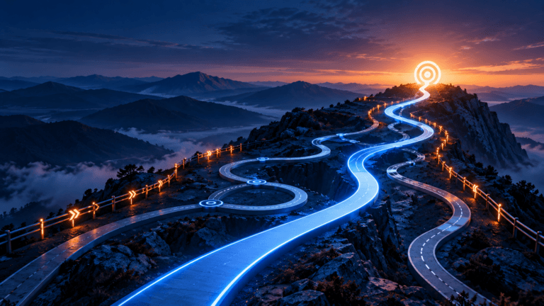 Glowing paths wind through dark-blue mountains toward a bright target at sunrise, with orange guardrails along the route.