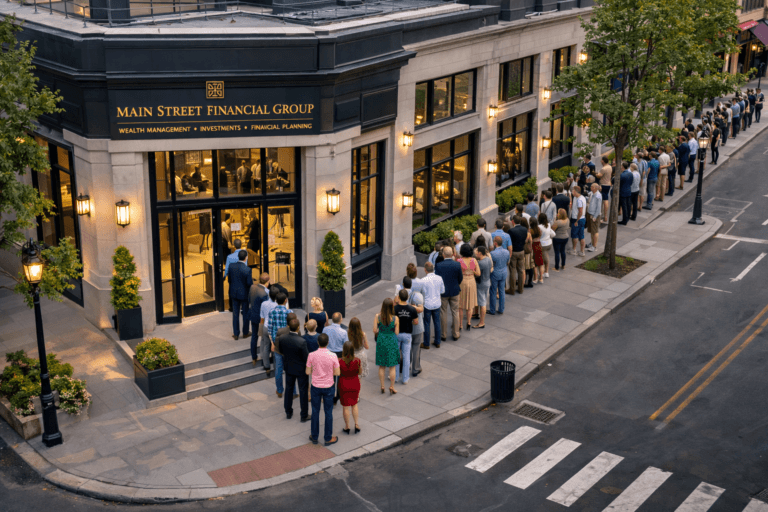 A line of people to get into a financial building