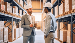 A warehouse supplier and manager meeting
