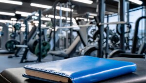 Blue log book on a bench in a gym