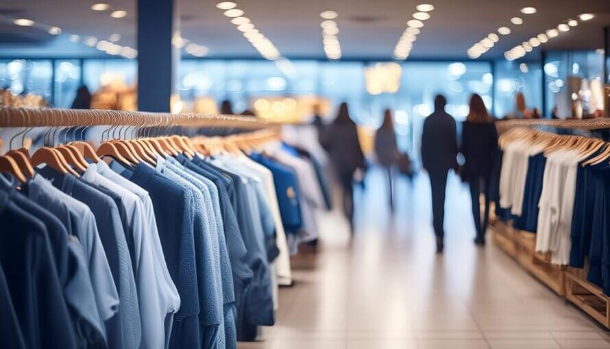 A clothing store in a mall with people shopping