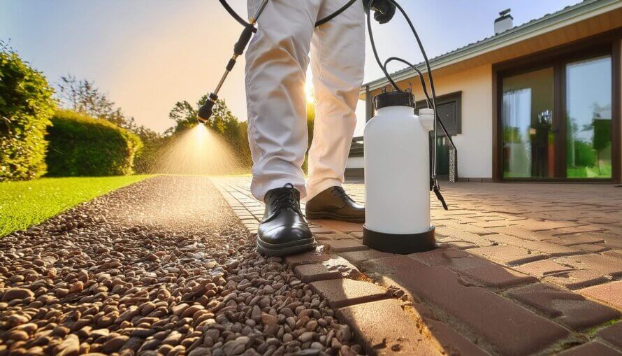 Exterminator spraying for bugs outside