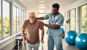 Physical therapist working with an older man to help strengthen his walking