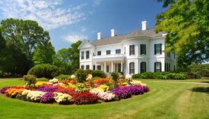 a large flower bed infront a a white colonial style house on a sunny day