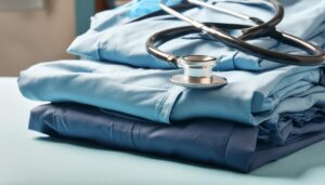 a stack of scrubs and stethoscope