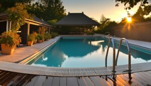 in ground swimming pool with bar on the back side