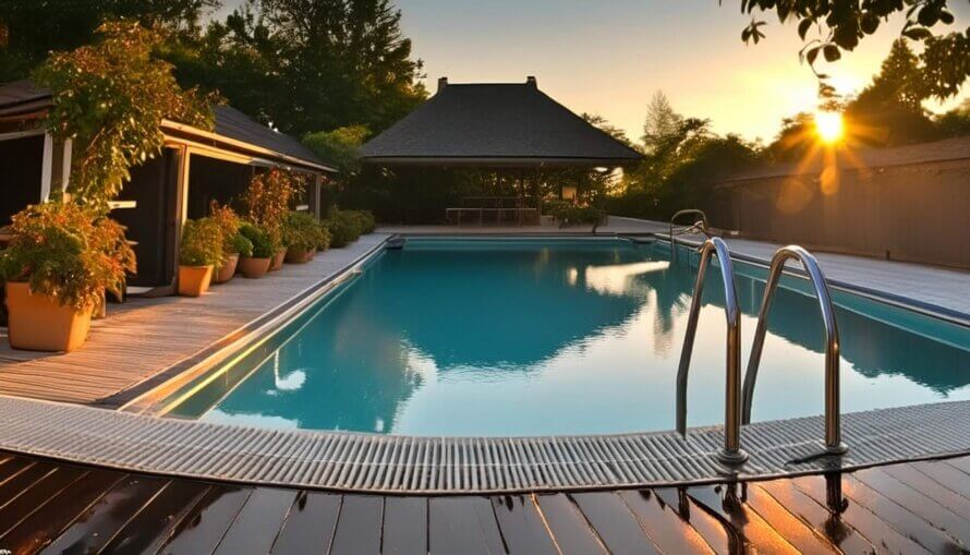 in ground swimming pool with bar on the back side