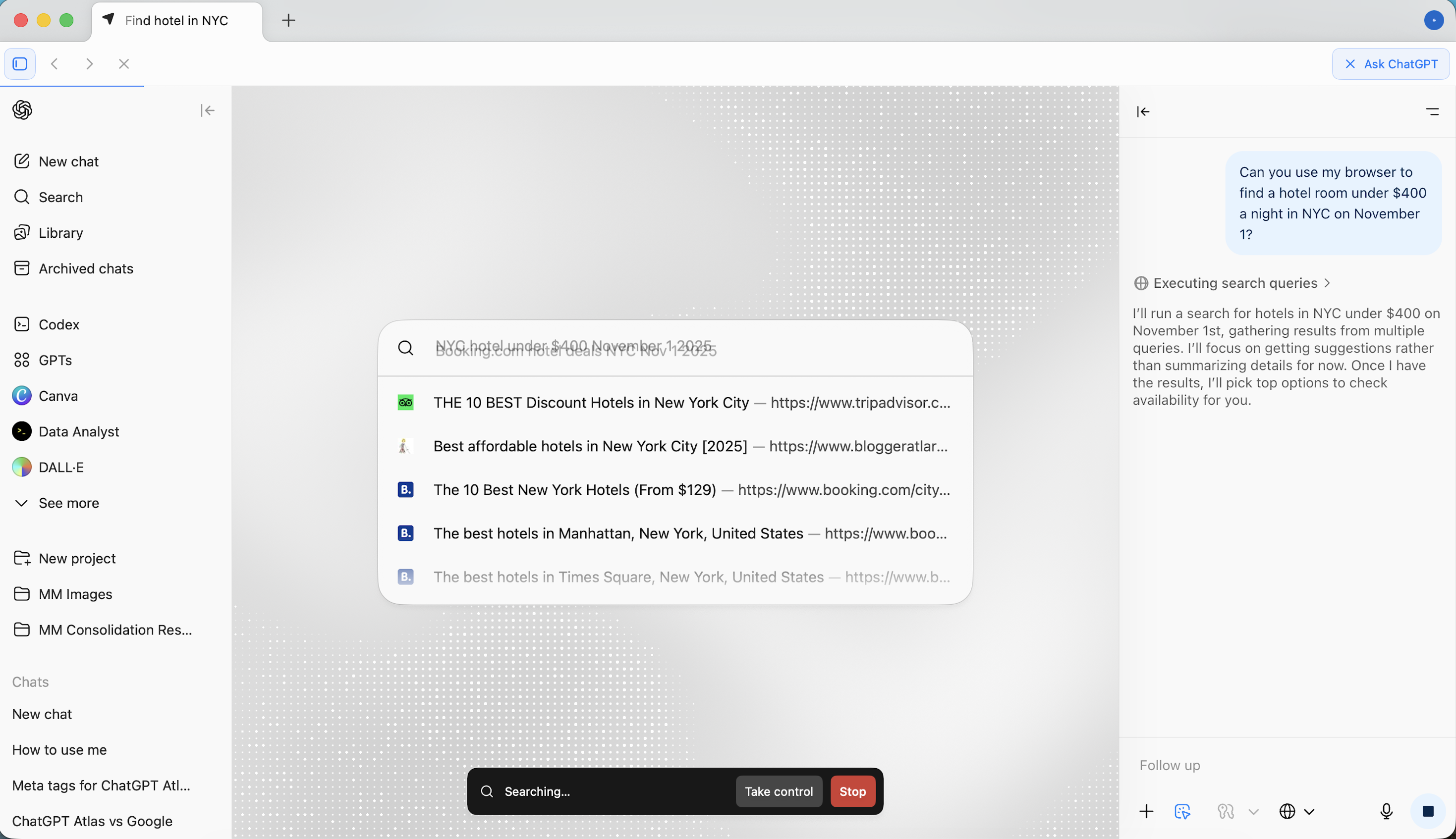 Step 1 of an agentic AI search for hotels in ChatGPT Atlas