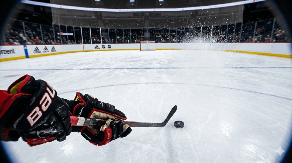 A hockey player moving toward an empty net