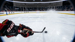A hockey player moving toward an empty net