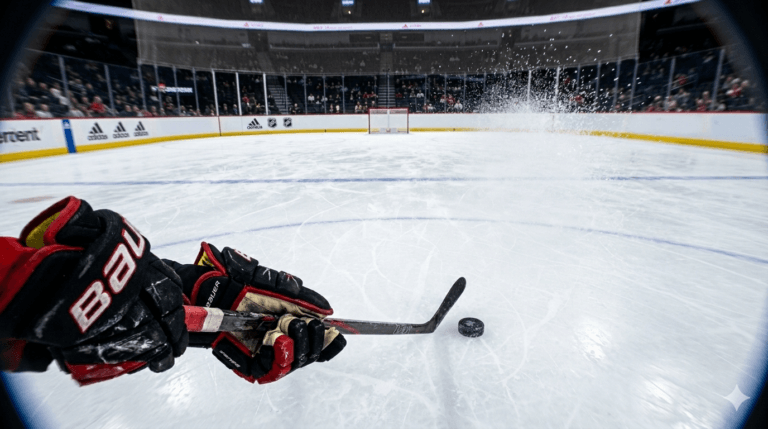 A hockey player moving toward an empty net