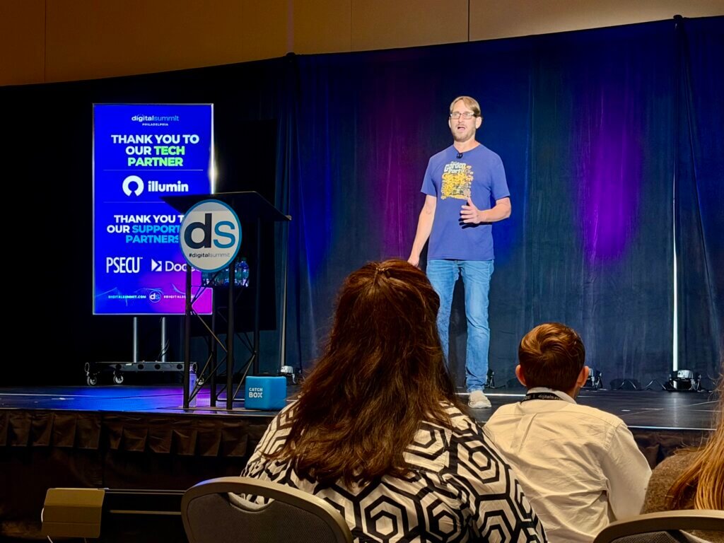 Presenter giving a presentation on how to quit bad marketing