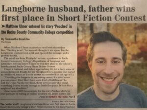 Newspaper announcing Matt Ulmer as the winner of a Bucks County writing contest