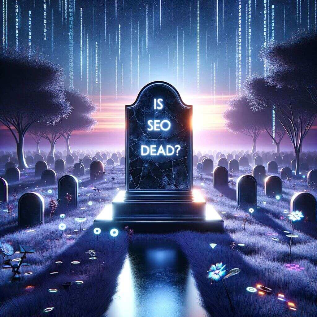 Digital cemetery with the message "Is SEO Dead?"