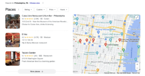 Example of a Google local map pack for restaurants
