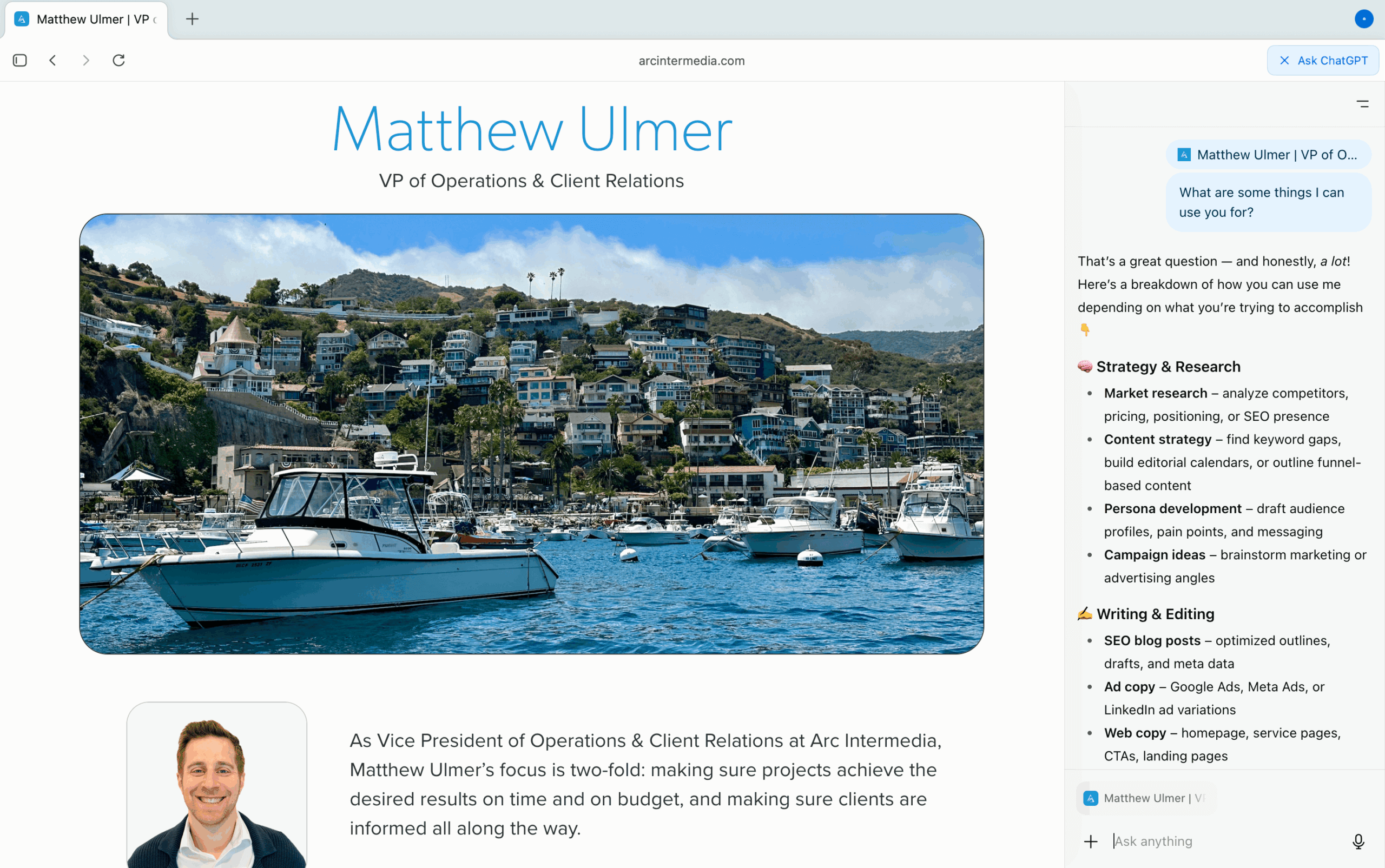 Matt's bio with ChatGPT Atlas chat window