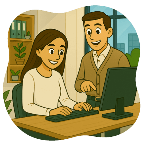 May and Matt collaborating at a desk.