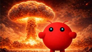 Clawd the lobster mascot of Moltbot with a mushroom cloud