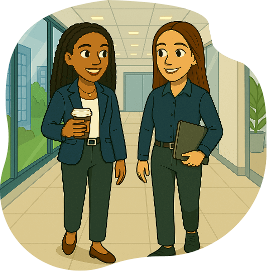 Olivia and May walking down a hallway