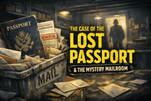 Graphic of a lost passport in a cluttered mail room