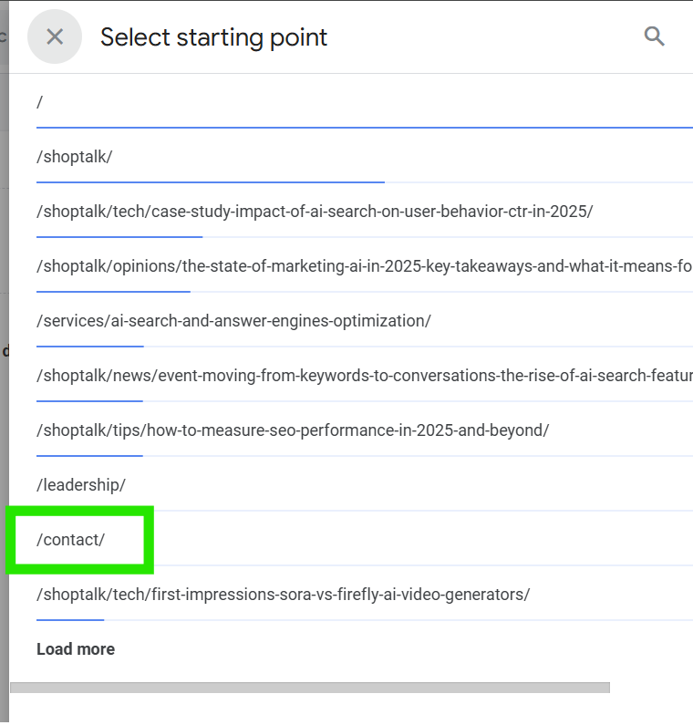 Highlighting “/contact/” page path and screen class starting point example in GA4 path exploration