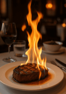 Image of a steak on fire.