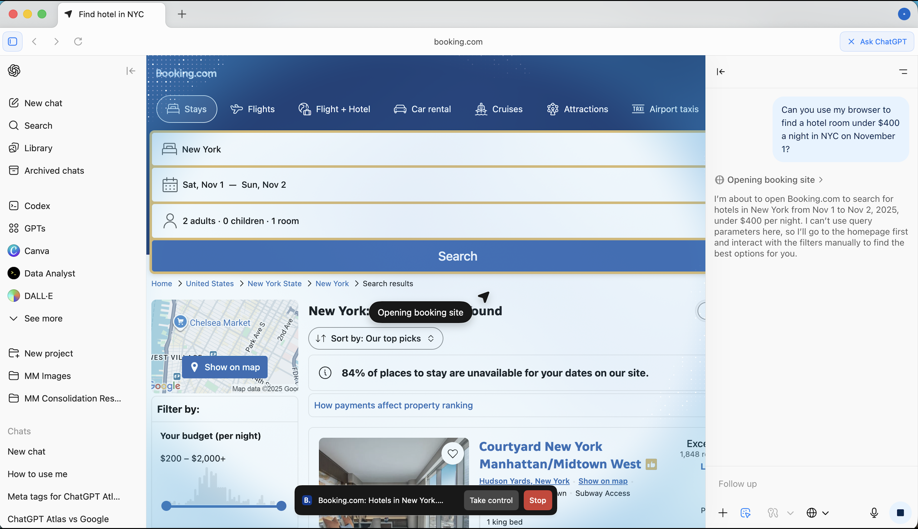 Step 3 of an agentic AI search for hotels in ChatGPT Atlas