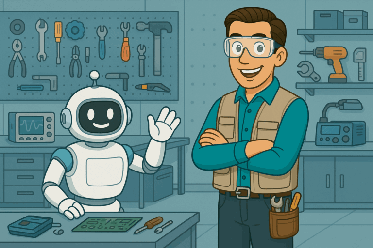 Mike and a robot in a workshop