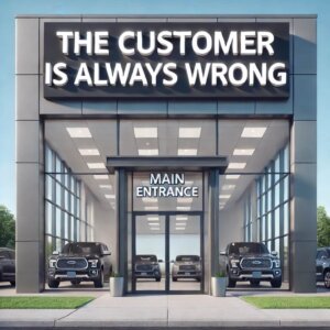 Image of a car dealership with a sign saying "The customer is always wrong."