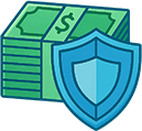 a shield in front of a stack of money