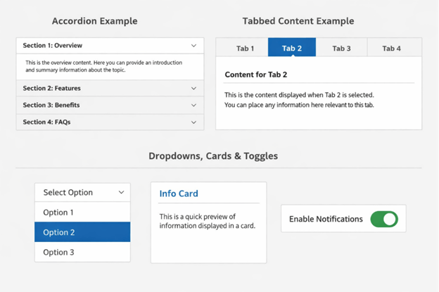 Accordion, tabbed, dropdown, cards, and toggle website content examples