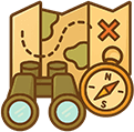 a map with binoculars and a compass