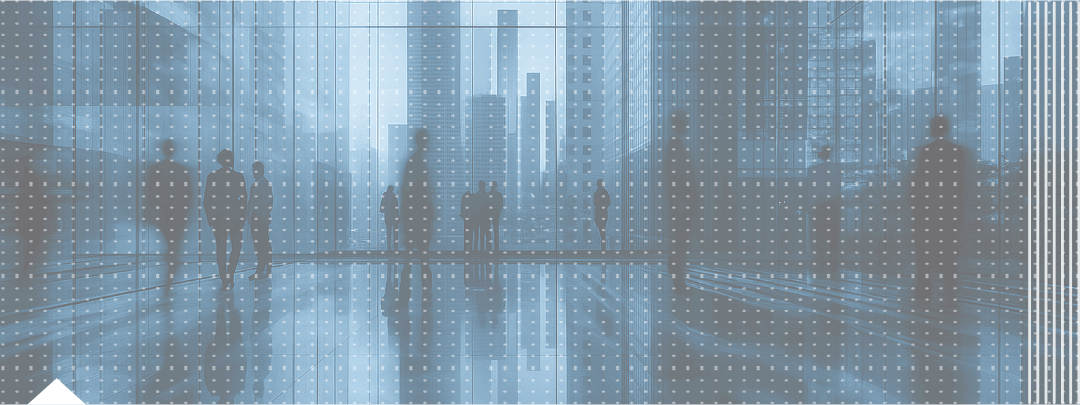 large crowd in an office lobby; stylized graphic